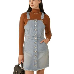 Wax Jean Denim Jumper Overall Mini Dress Light Wash Frayed Hem Large 90's Boho